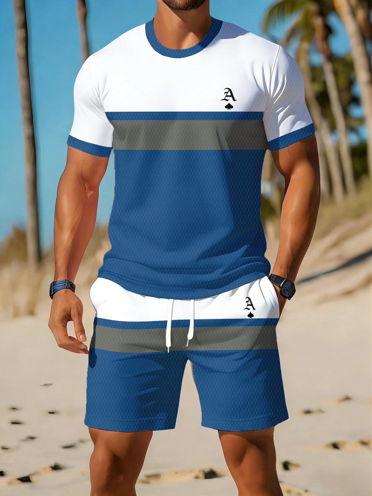 Casual Holiday Beach Men's T-shirt And Shorts 2 Pieces Sets Summer Men's Suit Clothing Stripe Print Short Sleeve Tee Shorts Set