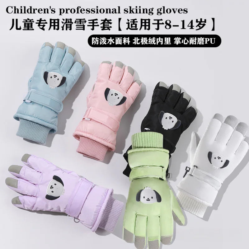 Kids Ski Gloves Boys Girls Winter Warm Fleece Lined Cotton Padded Thickened Anti-Slip Cute Snow Play Water Resistant Snowboard