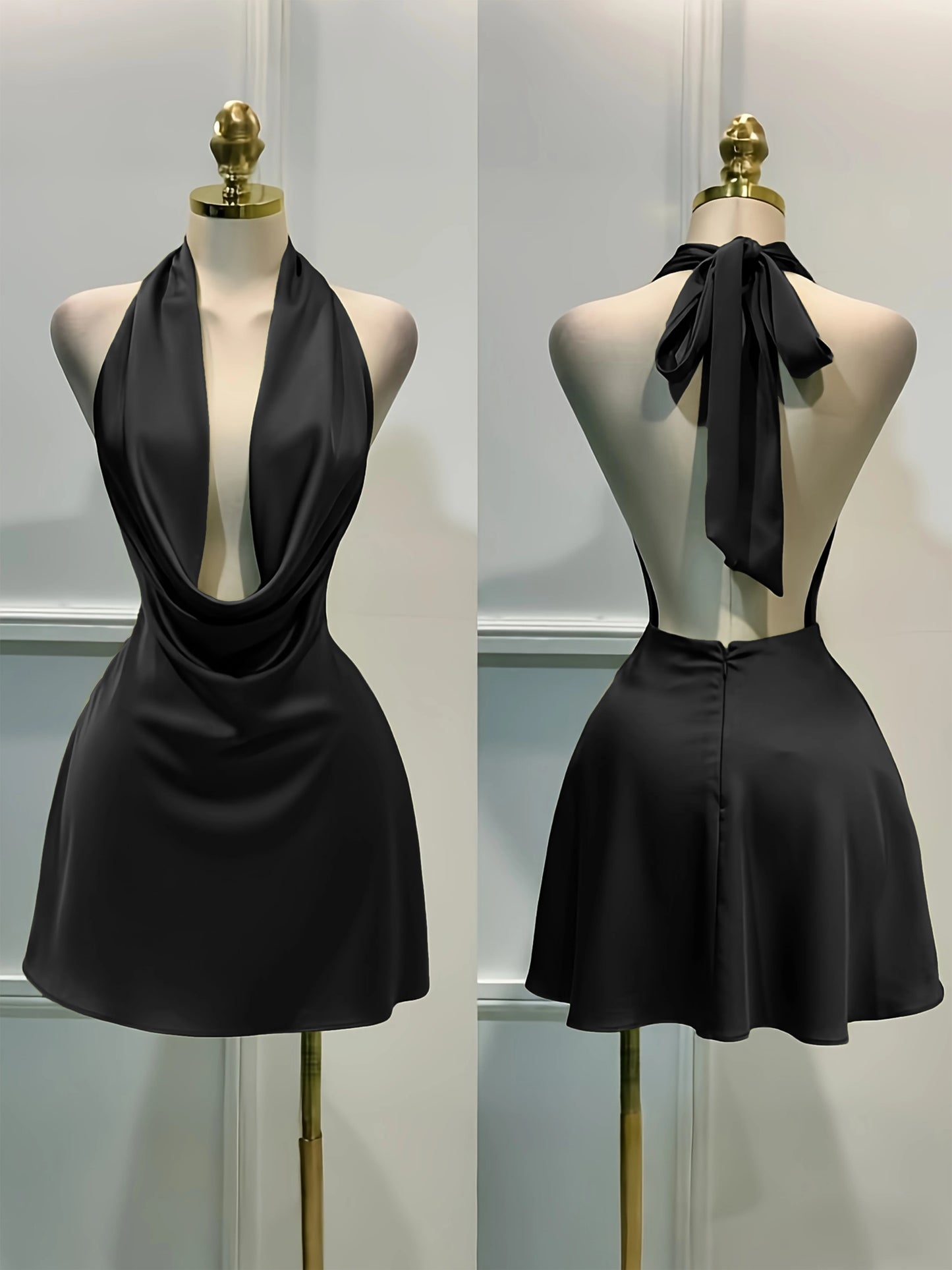 Women’s Elegant Solid Satin Midi Dress – Back Zipper Open Back Fitted Cocktail Party & Vacation Evening Gown