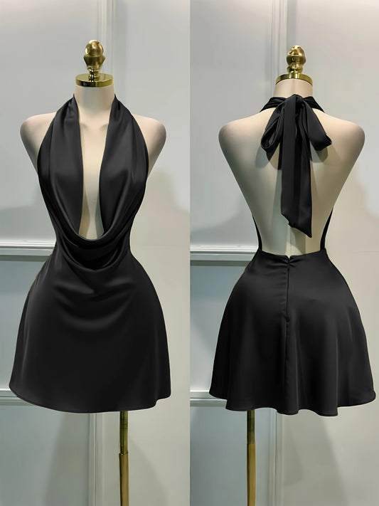 Women’s Elegant Solid Satin Midi Dress – Back Zipper Open Back Fitted Cocktail Party & Vacation Evening Gown