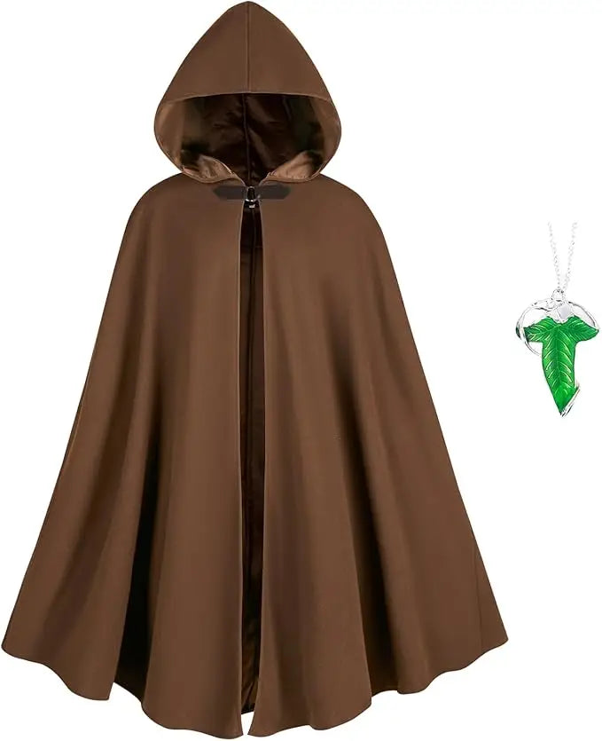 Medieval Costume Cloak with hood men Adult Renaissance Hooded Cloak with Green Leaf Brooch Necklace