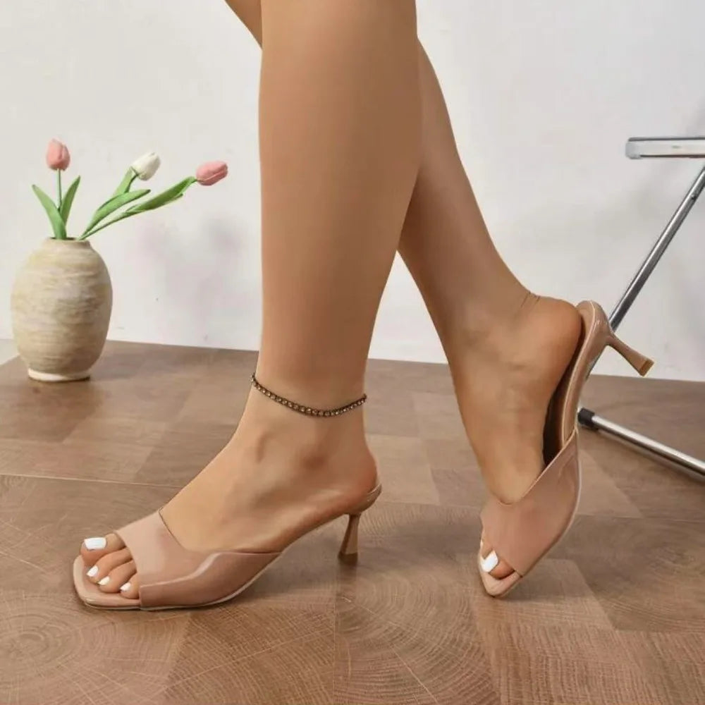 Women’s Elegant Peep Toe Stiletto Heel Sandals Slip-On Open Toe Mid Heel Summer Office Party Dress Shoes