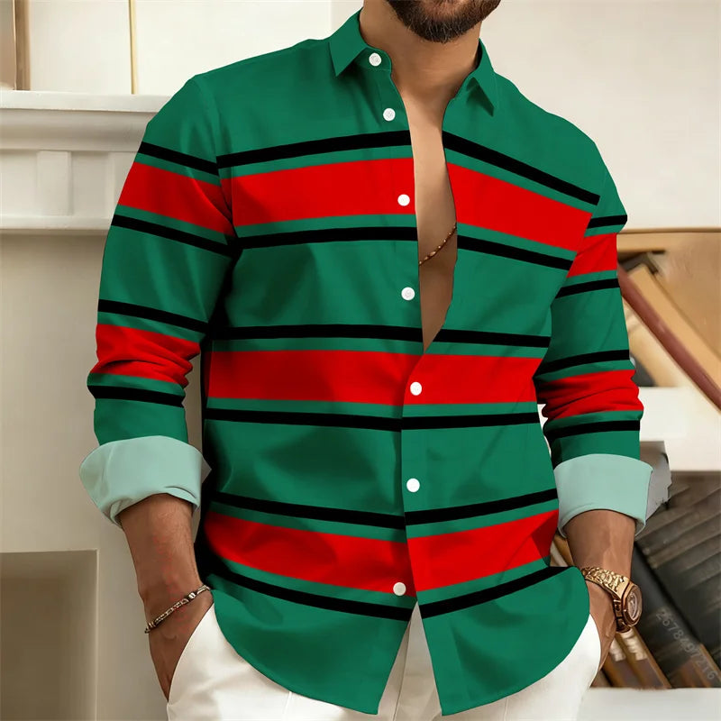 Men's Striped Long-Sleeved Shirt, Outdoor Street Style Casual Shirt for Men, Fashionable Lapel Men's Top, Comfortable Fabric.
