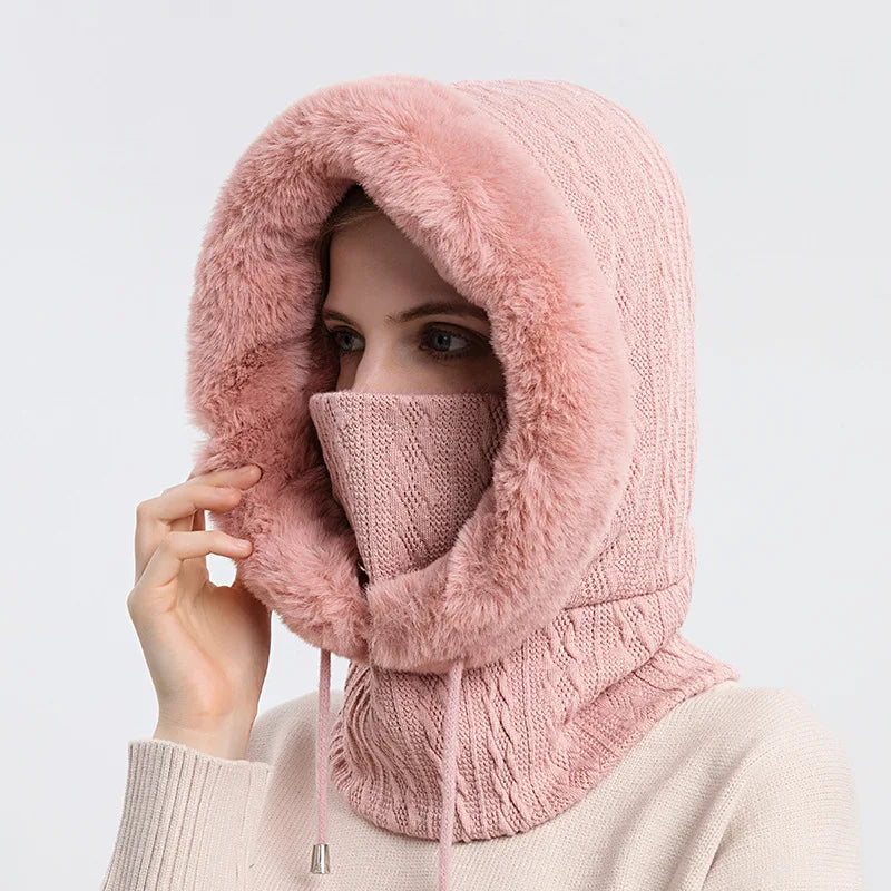 Winter Hat For Women Hooded Face Mask Fluff Keep Warm Thicken Style Neck Scarf Hooded Cap Beanie Knitted Cashmere Neck Warmer