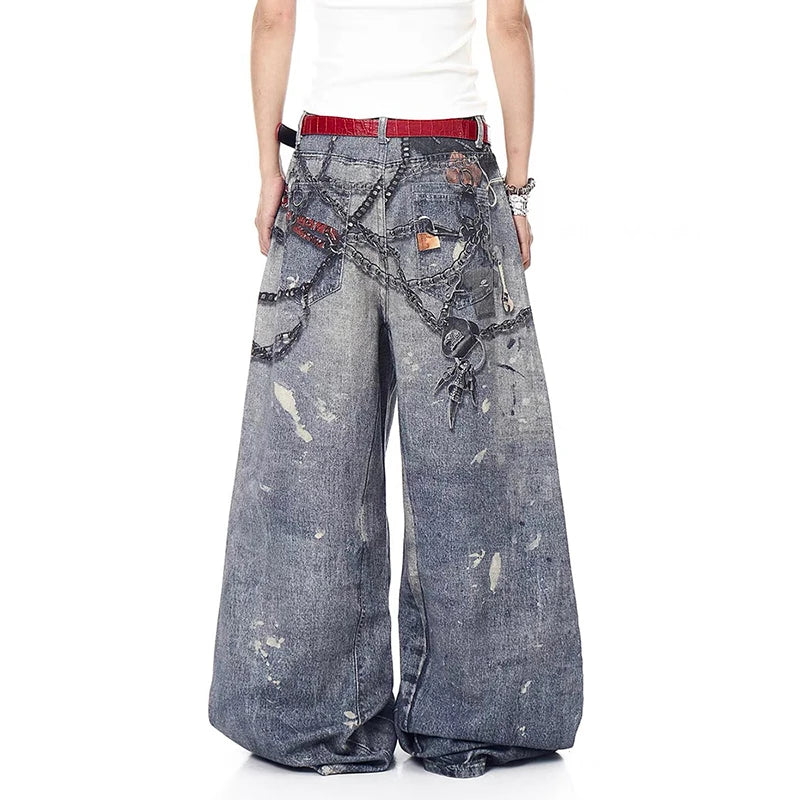 Autumn Korean Trendy Harajuku Streetwear Y2K Candy Chain 3D Printed Baggy Jeans Men's Hip-hop Retro Punk Straight Wide-leg Pants
