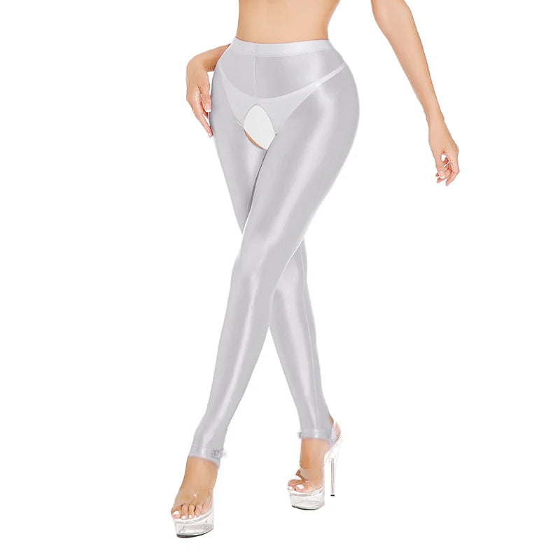 Womens Oil Glossy Open Crotch Leggings Sexy Crotchless Pants Elastic Waistband Stretchy Thigh Skinny Trouser for Yoga Nightwear