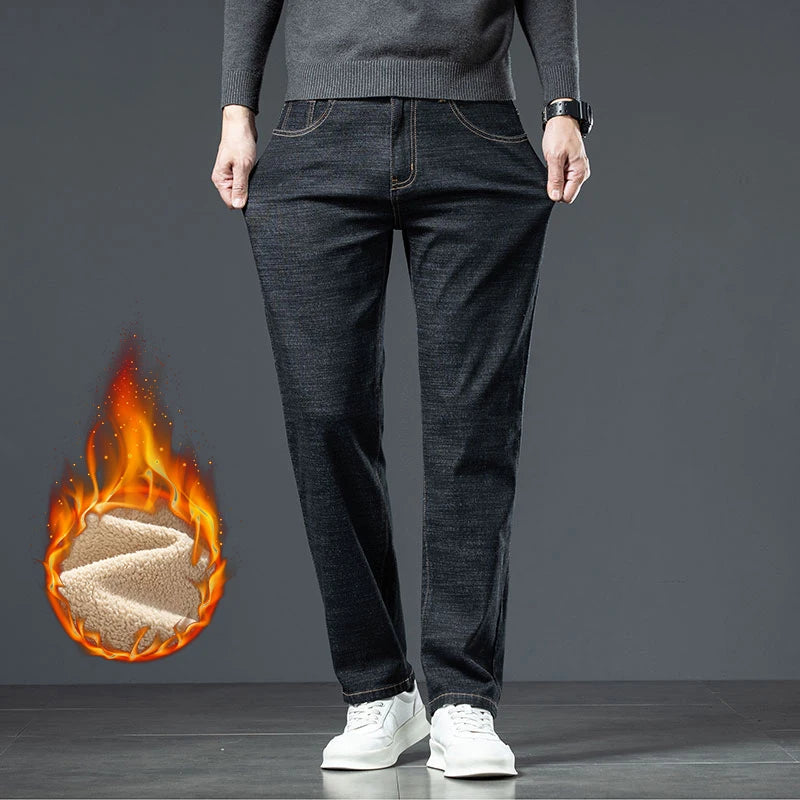 Plus Size 44 46 Casual Sherpa Warm Jeans Men Winter Velvet Thick Trousers Loose Straight Business Classic Fleece Denim Pants