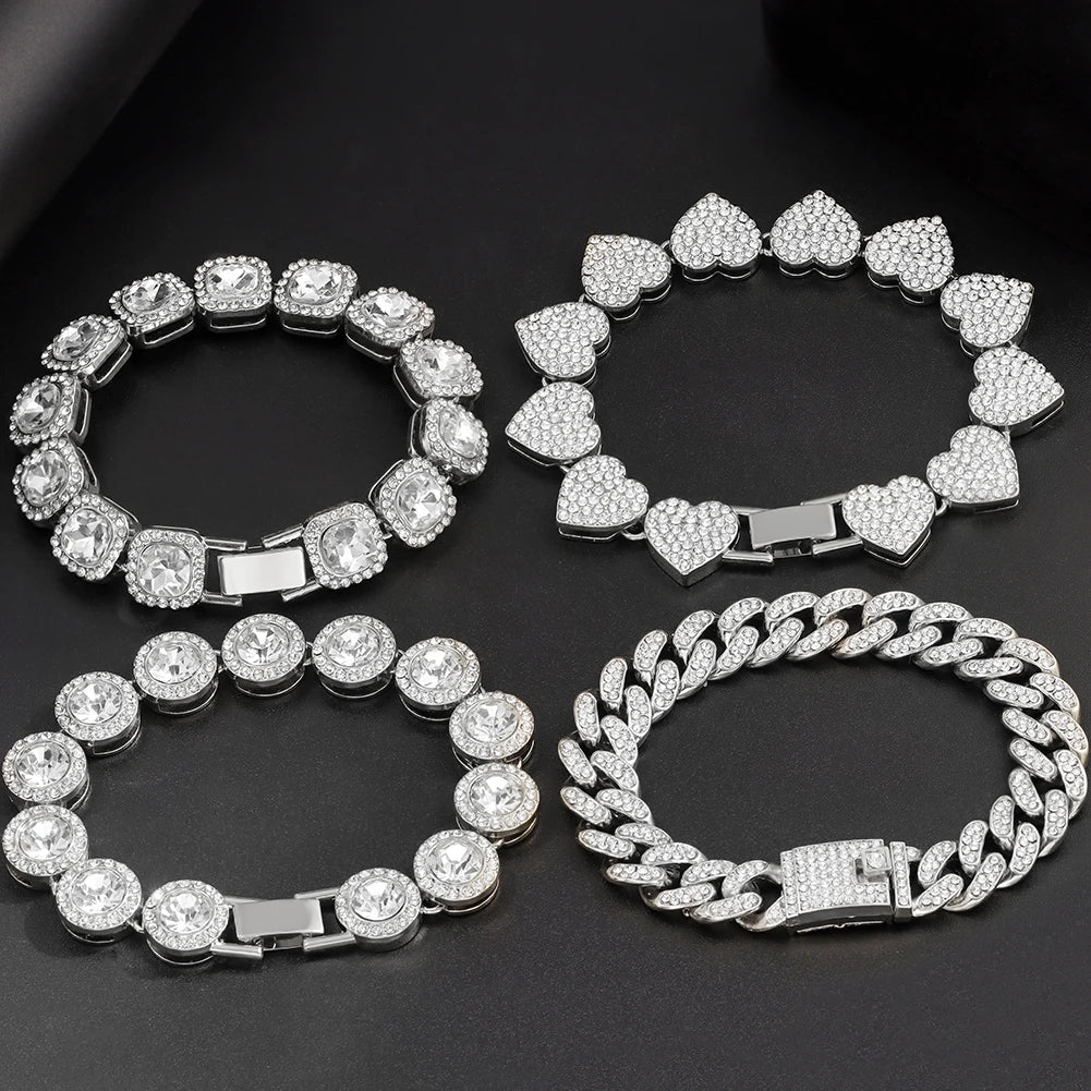 Iced Out Pink Cuban Bracelet Set for Women – 4Pcs Hip Hop Crystal Heart, Circle & Square Gold/Silver Tone Bracelets, Fashion Jewelry Gift