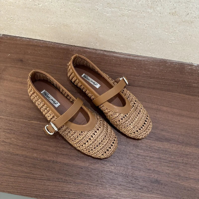 2026 Summer Breathable Hollow out Weave Women Ballet Flats Fashion Mary Janes Soft Soles Walking Loafers Casual Girls Shoes