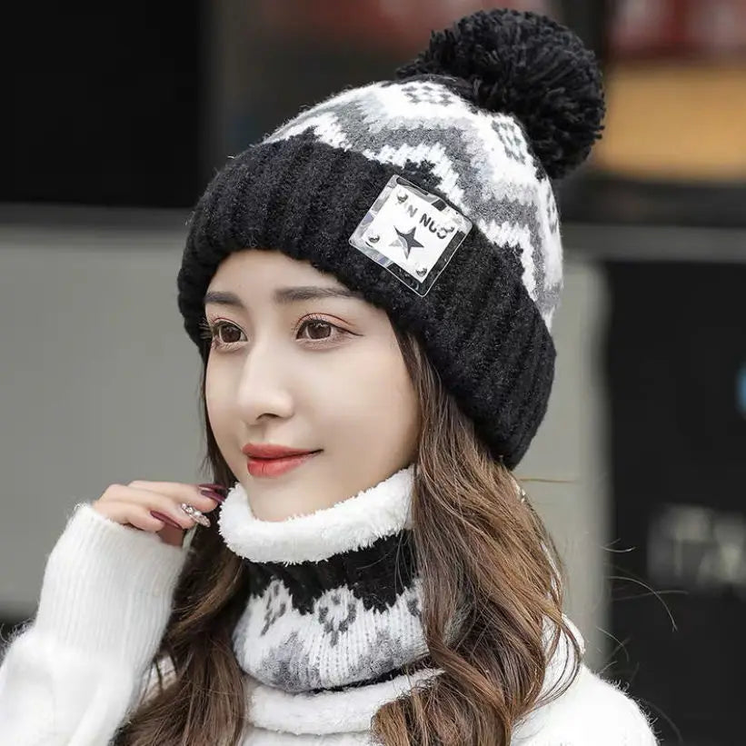 2PCS Winter Women Plush Velvet Hats Neck Warmer Hat Scarf Set Beanies Cycling Windproof Hat Outdoor Ear Protection Outdoor