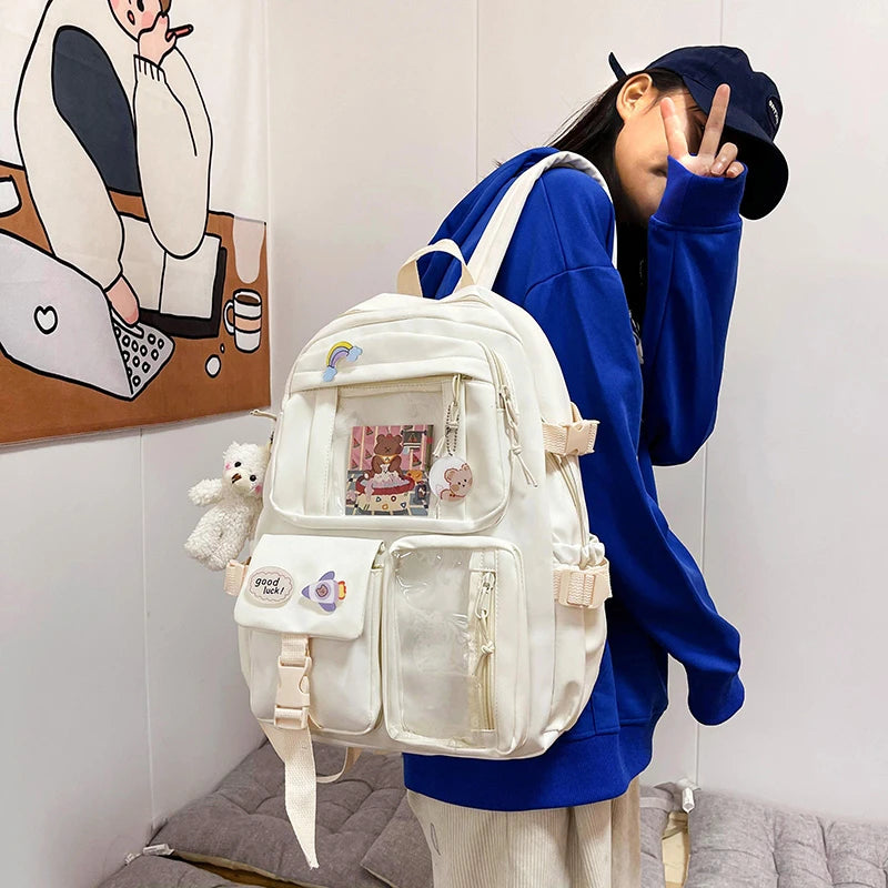Cute Women’s Waterproof Nylon Backpack – Multi-Pocket Kawaii School Bag, Laptop & Book Pack for Girls, Stylish Student Travel Backpack