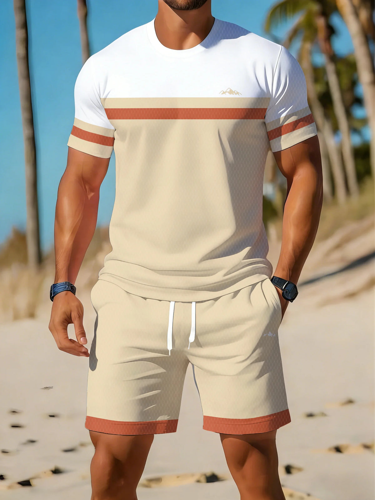 Casual Holiday Beach Men's T-shirt And Shorts 2 Pieces Sets Summer Men's Suit Clothing Stripe Print Short Sleeve Tee Shorts Set