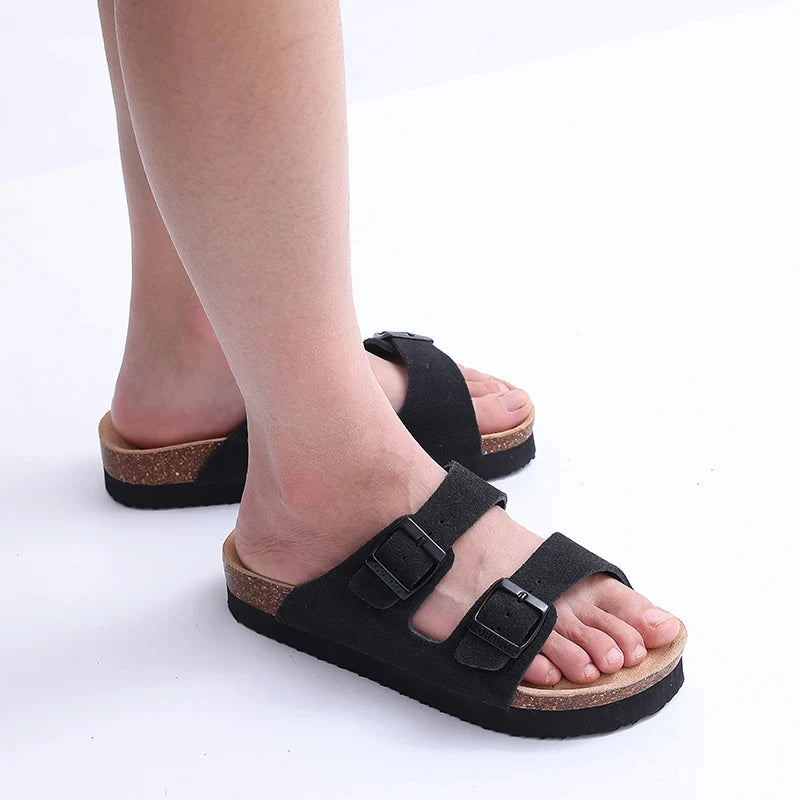 Comwarm Classic Cork Slippers For Women New Fashion Suede Flats Sandals Summer Couple Beach Slides Shoes With Adjustable Buckle