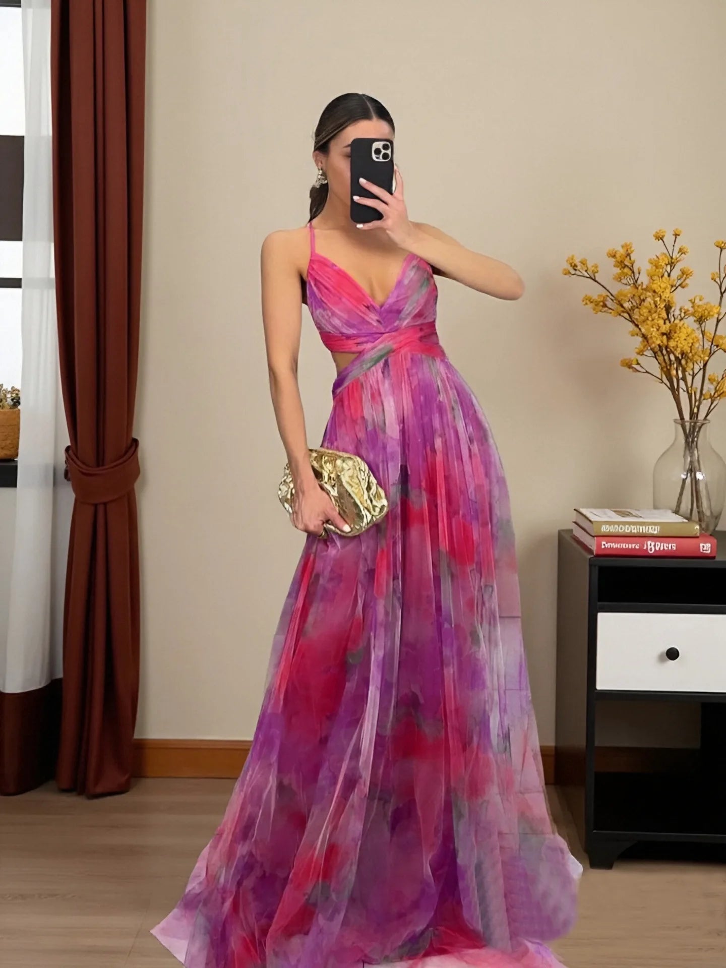 Women’s Elegant Printed Backless Maxi Dress