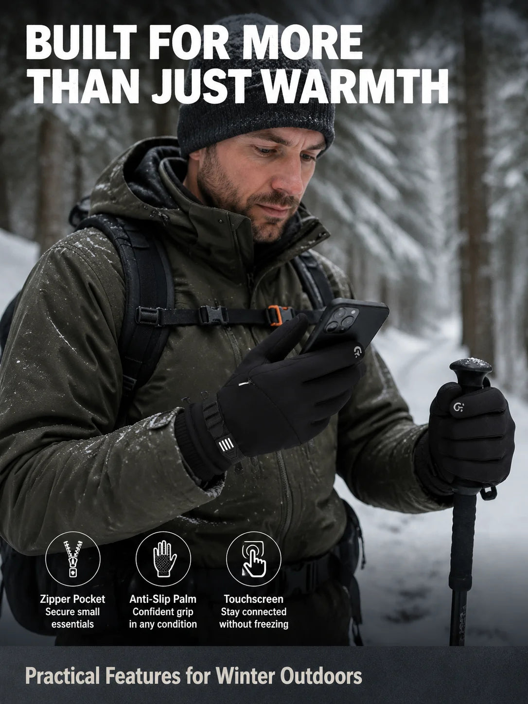 Outdoor Winter Gloves Men Women Thermal Touchscreen Water Resistant Anti Slip Zipper Pocket Gloves for Hiking Cycling