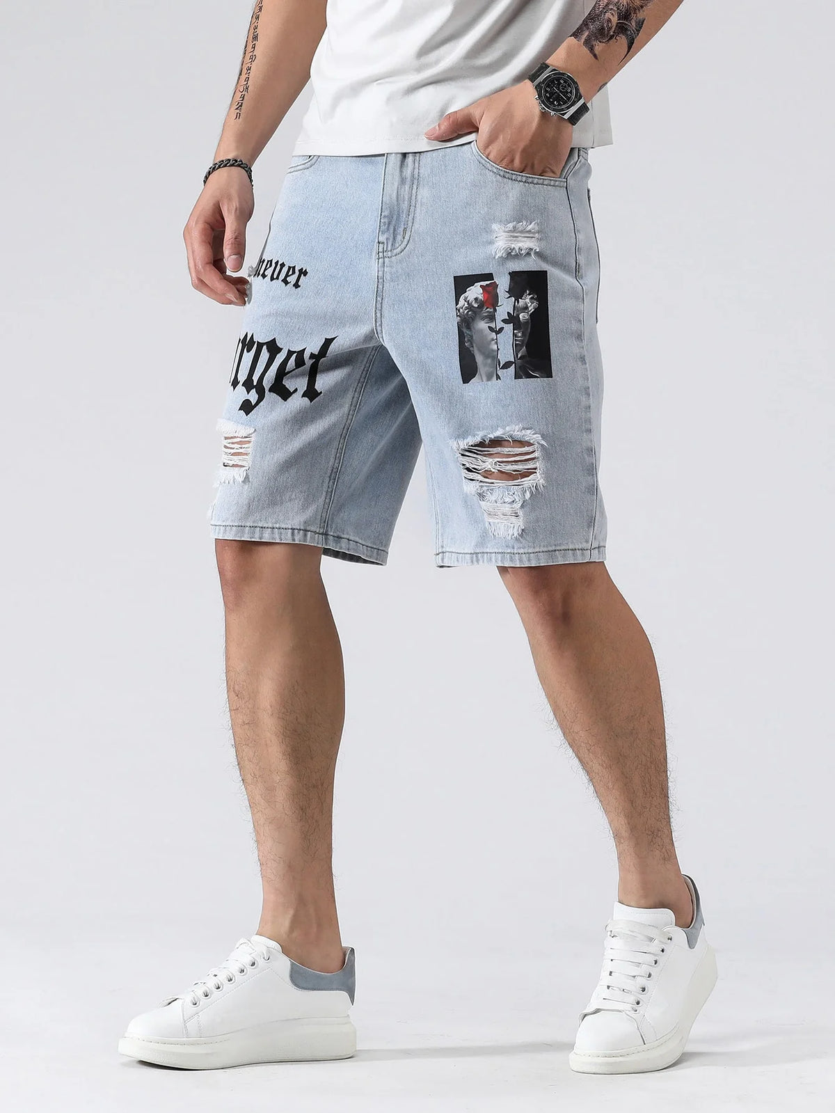 Men Summer Fashion Denim Shorts Jeans For Men Streetwear Letter Ripped Knee Length Baggy Comfort Cargo Casual Shorts Pants Jeans