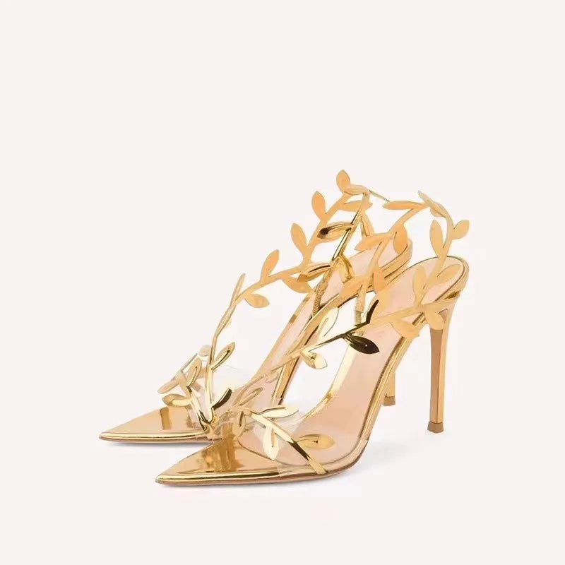 Star Style Summer Fashion Sequined Patent Leather Leaf Women Sandals Elegant Pointed Toe Stiletto High Heels Prom Dresses Shoes
