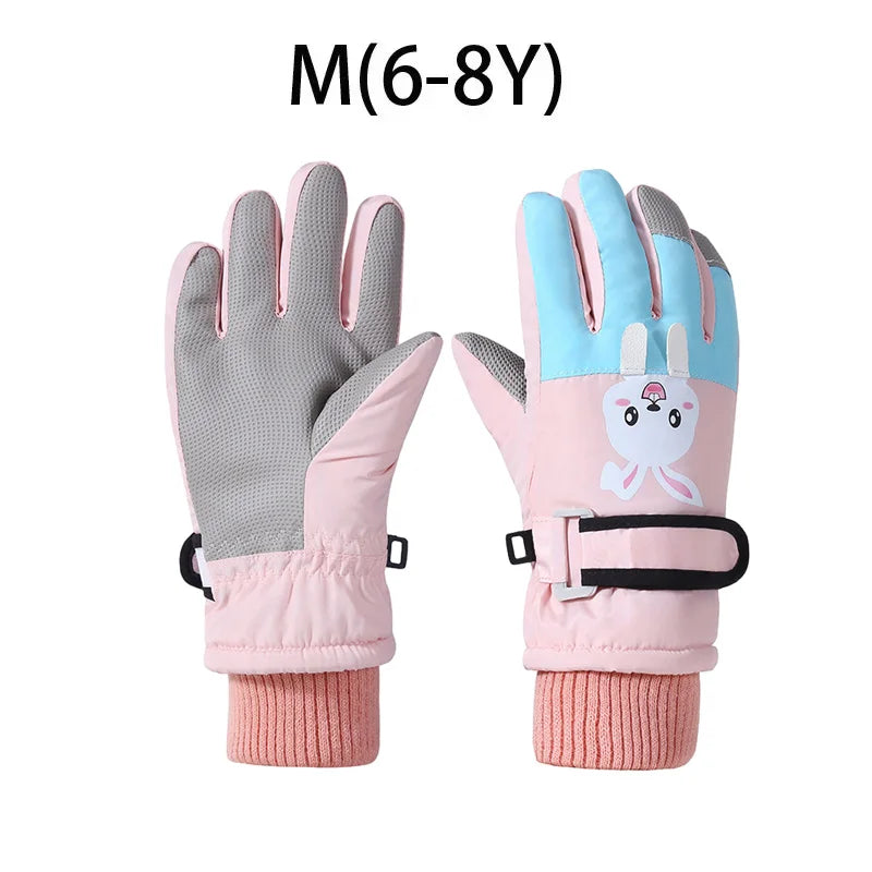 Winter Ski Gloves for Children Windproof Thickened Five-Finger Gloves Cartoon Printed Boys Girls Snow Warm Accessories 4-12Years