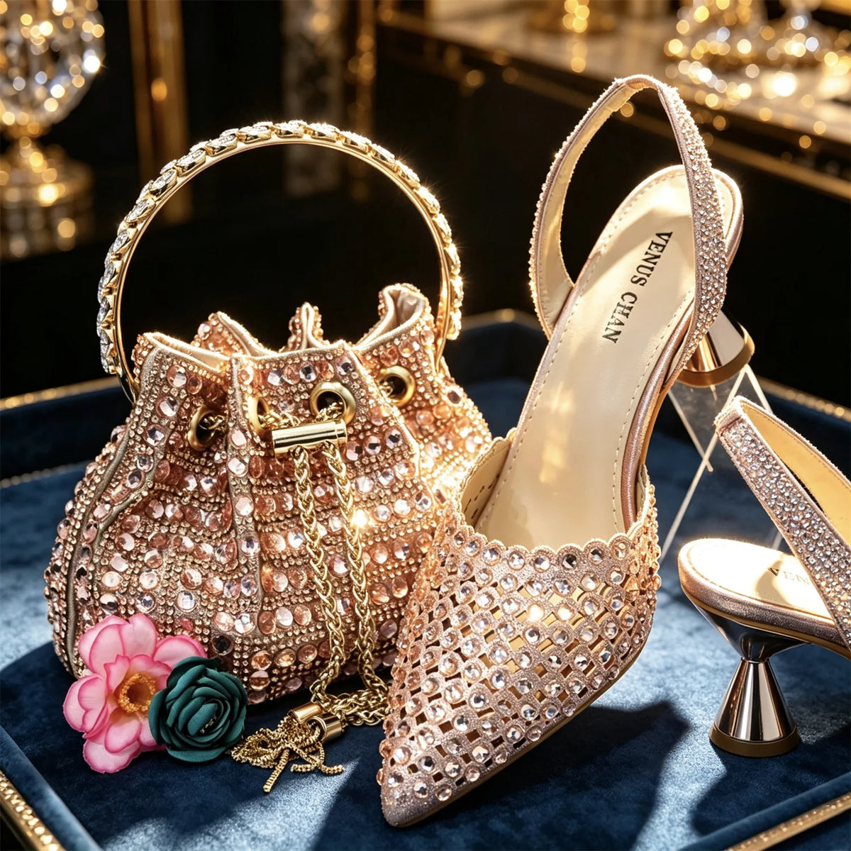 Venus Chan 2026 Elegant Women's Pointed Toe Heels - Wine Color Full Diamond Pumps with Matching Italian Shoes & Bags Set
