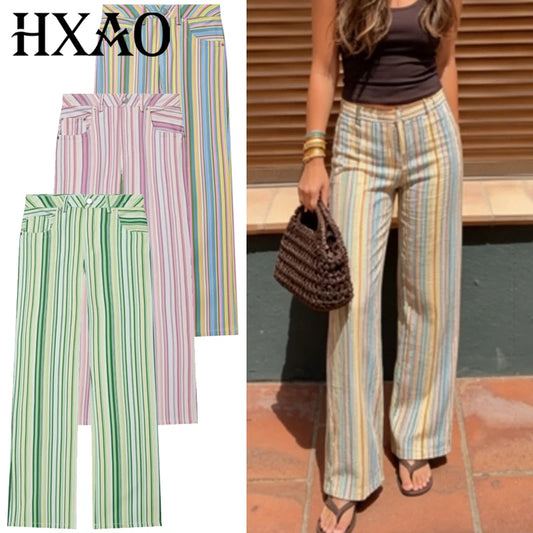 HXAO Rainbow Baggy Jeans Pants Women's Straight Jeans 2026 Female Striped Low Landing Jeans Chic Denim Trousers Streetwear Pants