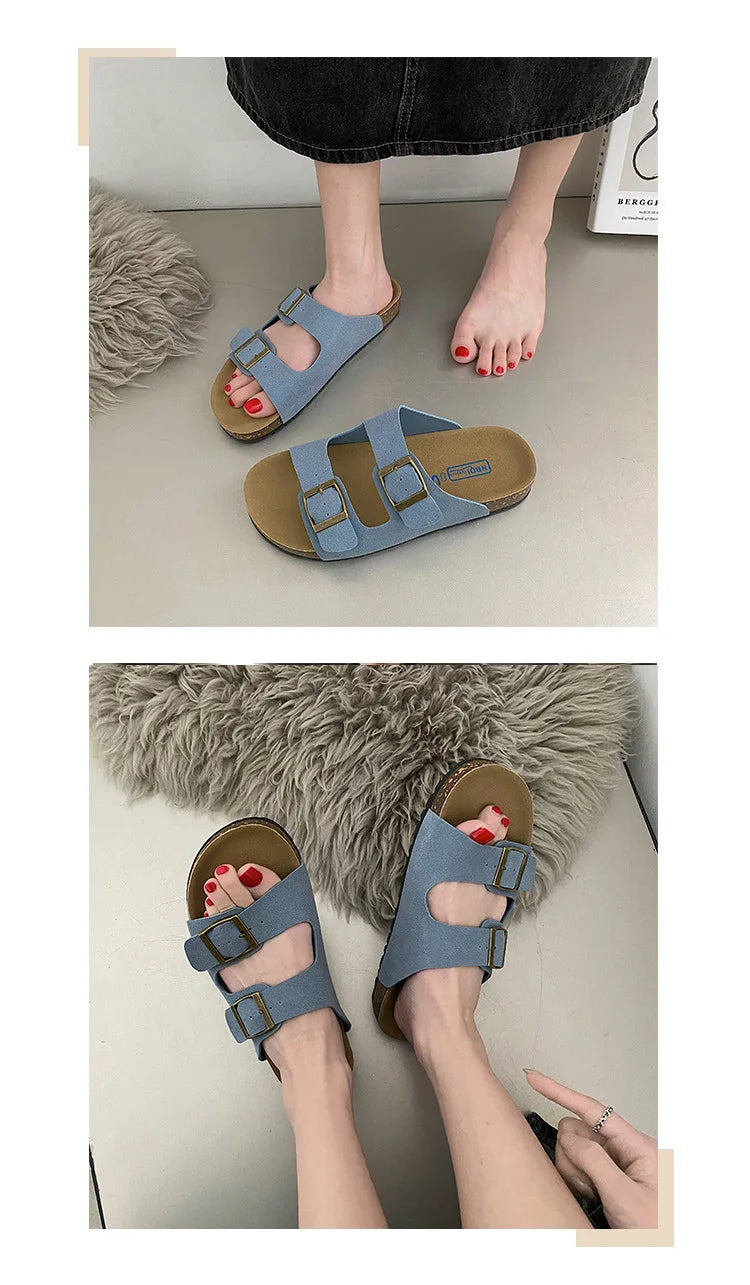 Litfun Classic Leather Cork Slippers Women Fashion Suede Flats Sandals Thick Footbed Cork Slides Unisex Outdoor Beach Slippers