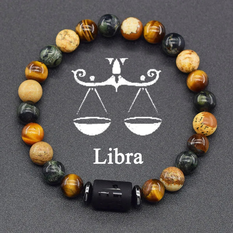 12 Zodiac Constellation Signs Bracelet for Men & Women – Natural Tiger Eye Stone Beaded Bracelet, Leo Taurus Charm Couple Jewelry