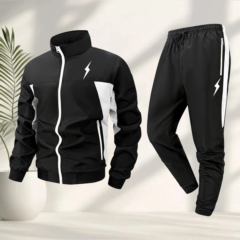 Men’s Lightning Print Sportswear Tracksuit Set – Zip-Up Jacket & Matching Trousers for Outdoor Fitness, Cycling & Casual Active Wear