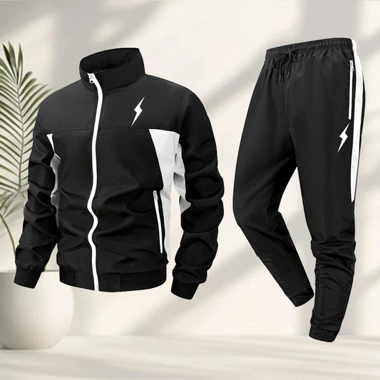 Men’s Lightning Print Sportswear Tracksuit Set – Zip-Up Jacket & Matching Trousers for Outdoor Fitness, Cycling & Casual Active Wear