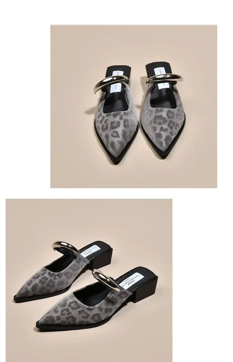 2026 New Women Cover Toe Mules Slippers Fashion Metal Decoration Thick Heel Slide Shoes Comfort Street Style Footwear