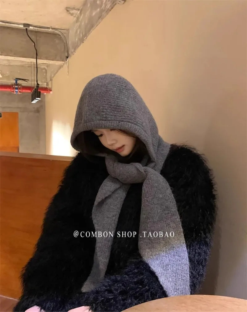 Oversize Hood Scarf Balaclava Hat Winter Ear Protection Windproof Warm Balaclava Hats Women Fashion Hat and Scarf Skullies Beani