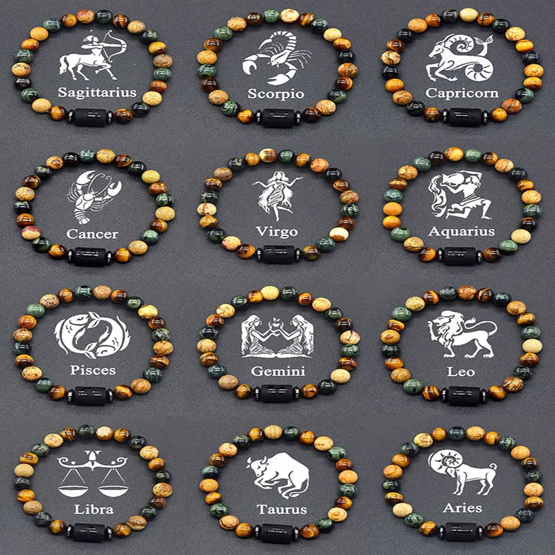 12 Zodiac Constellation Signs Bracelet for Men & Women – Natural Tiger Eye Stone Beaded Bracelet, Leo Taurus Charm Couple Jewelry