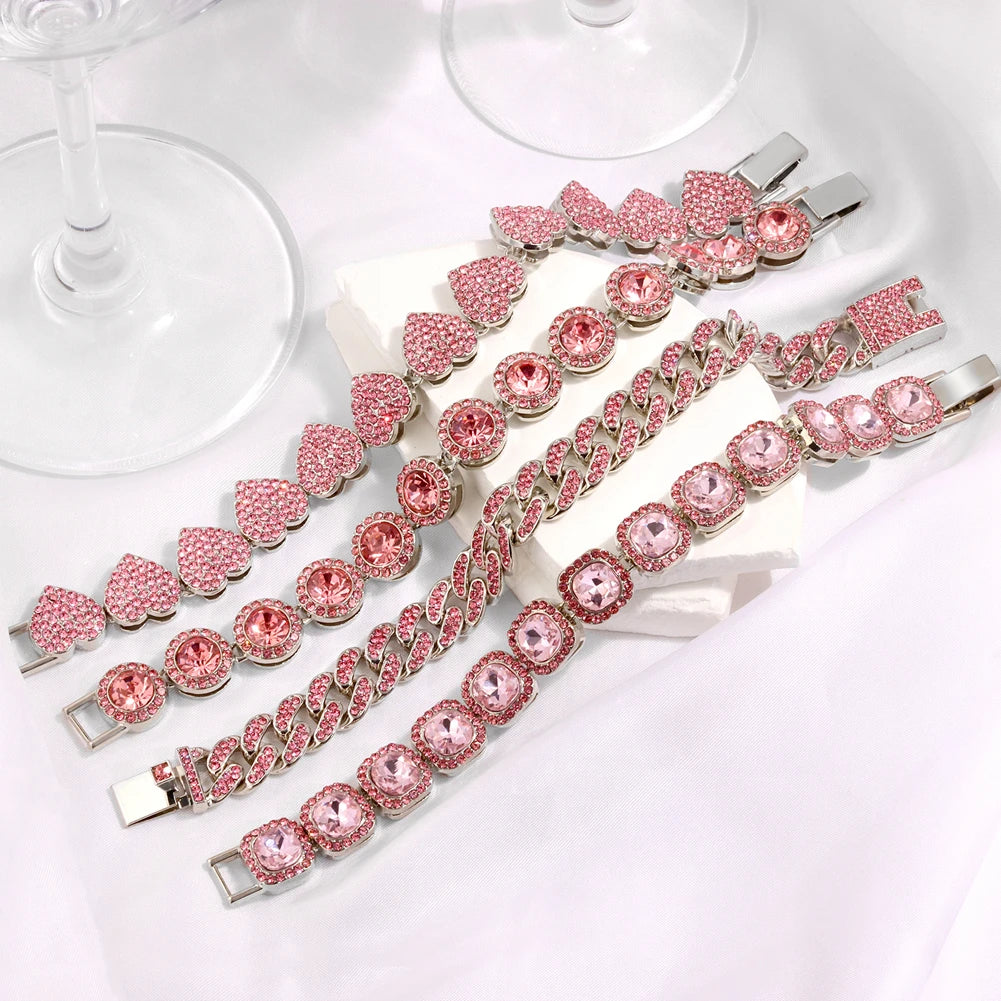 Iced Out Pink Cuban Bracelet Set for Women – 4Pcs Hip Hop Crystal Heart, Circle & Square Gold/Silver Tone Bracelets, Fashion Jewelry Gift