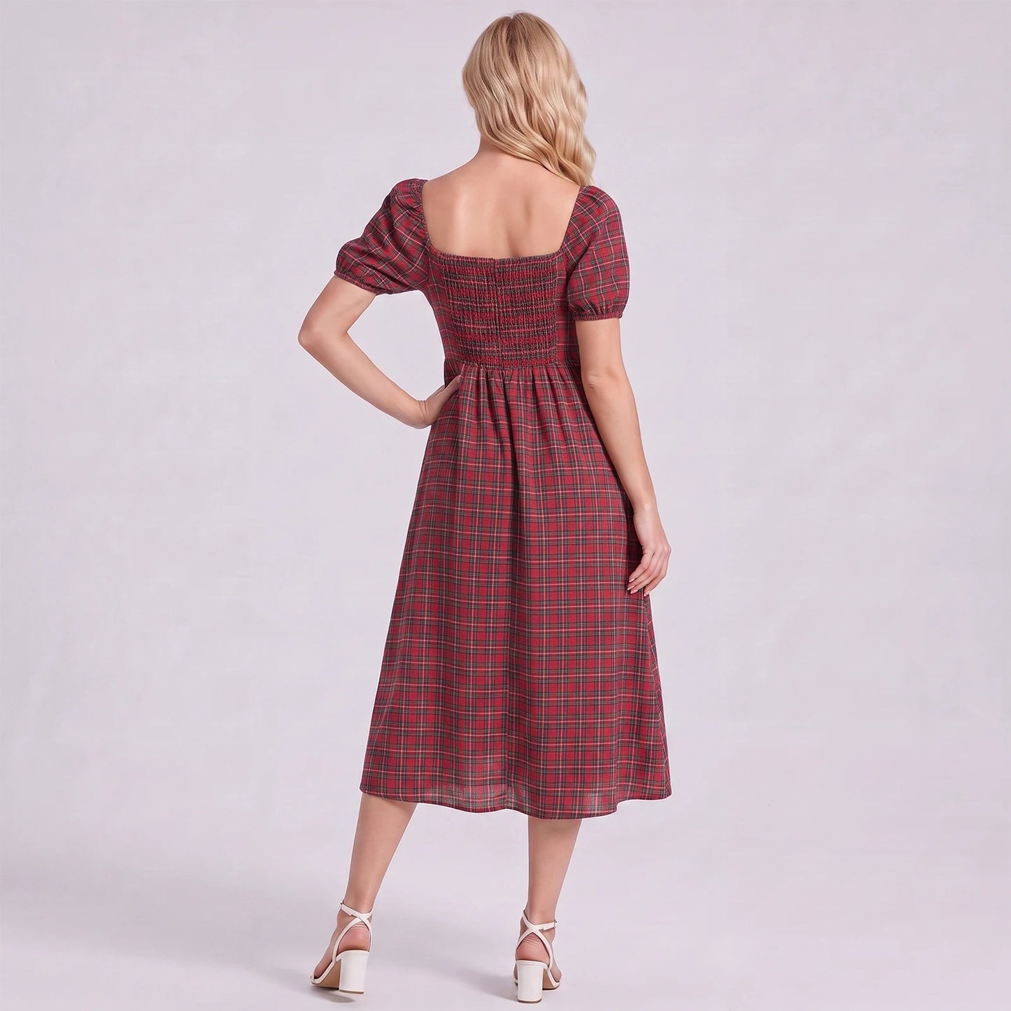 Plaid Puff-Sleeve Midi Dress