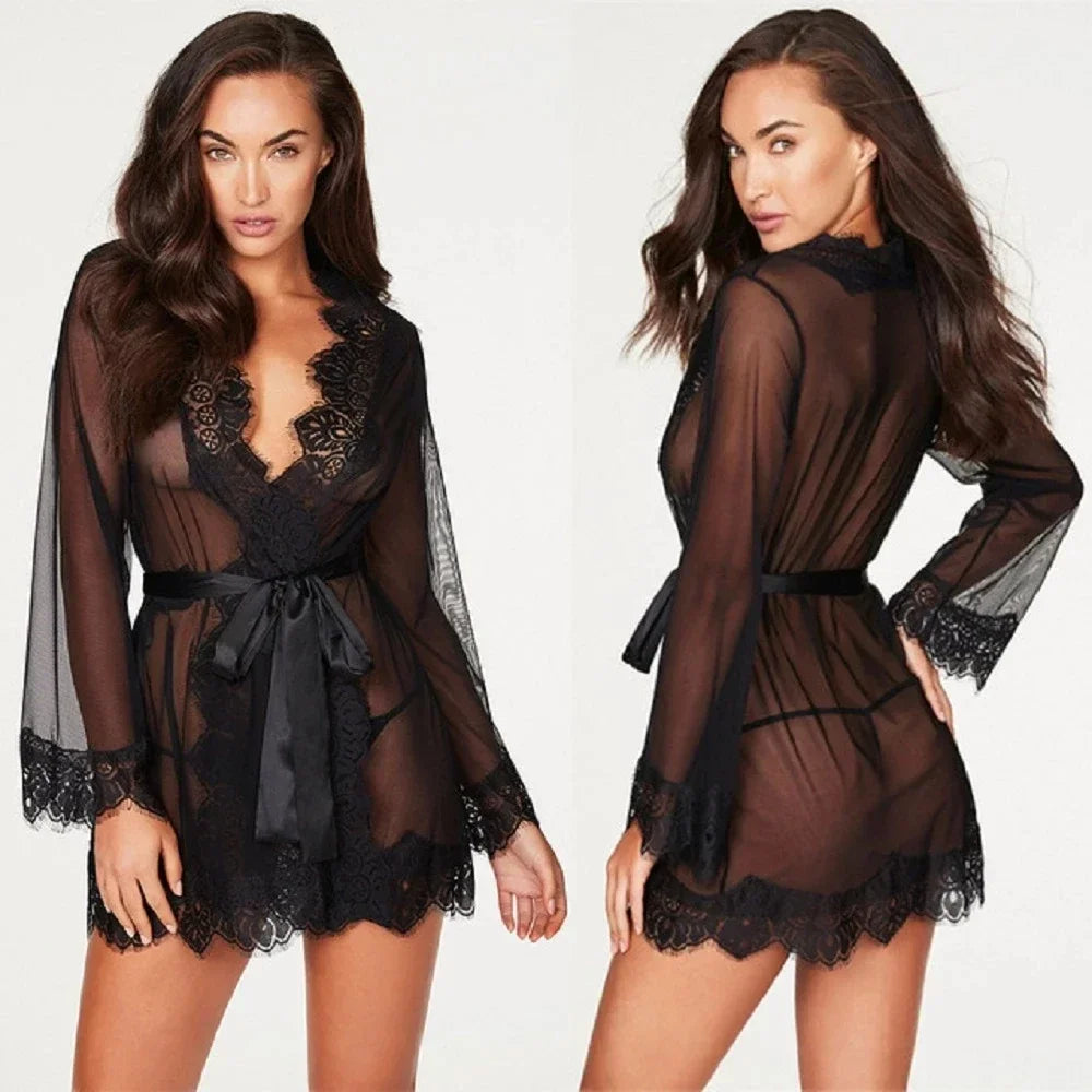 Sexy Sleepwear Deep-V Night Dress Women Nightgown Lace See-Through Nightie Lingerie Sleeveless Mini Dress Exotic Nightdress