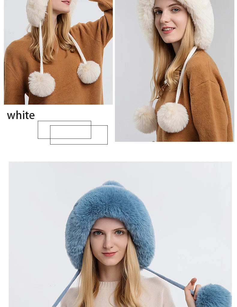 Winter Fluffy Fur Kintted Cap for Women Russian Lady Soft Warm Ear Protection Hats Female Outdoor Plush Coldproof Ball Beanies