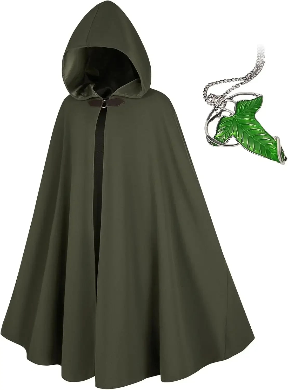 Medieval Costume Cloak with hood men Adult Renaissance Hooded Cloak with Green Leaf Brooch Necklace