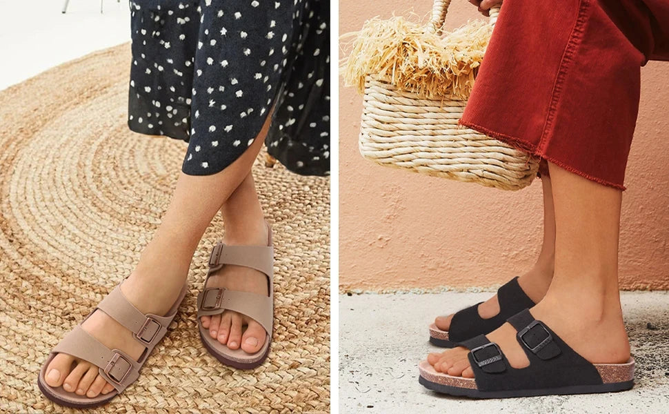 Comwarm Classic Cork Slippers For Women New Fashion Suede Flats Sandals Summer Couple Beach Slides Shoes With Adjustable Buckle