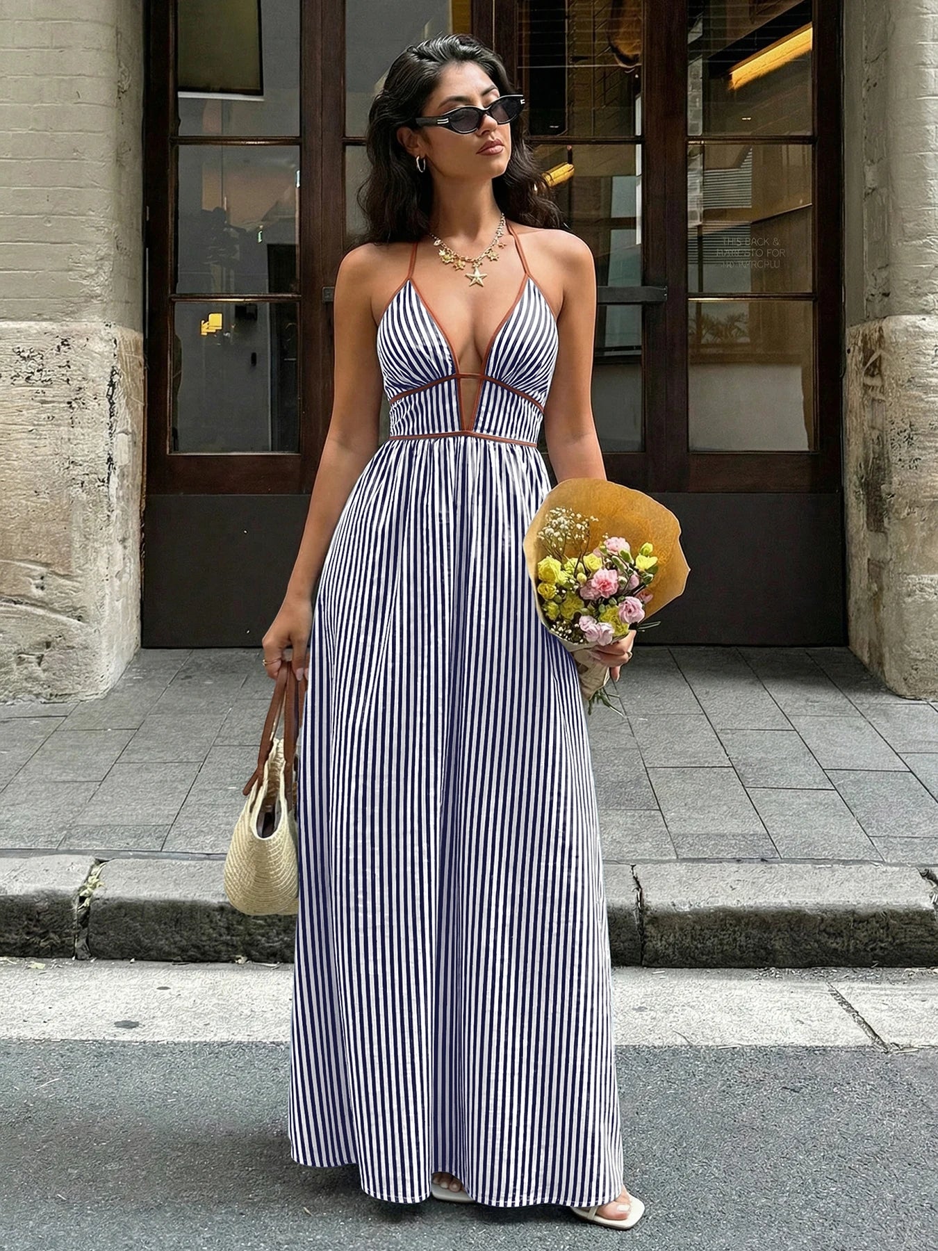 Women’s Striped Backless Maxi Dress