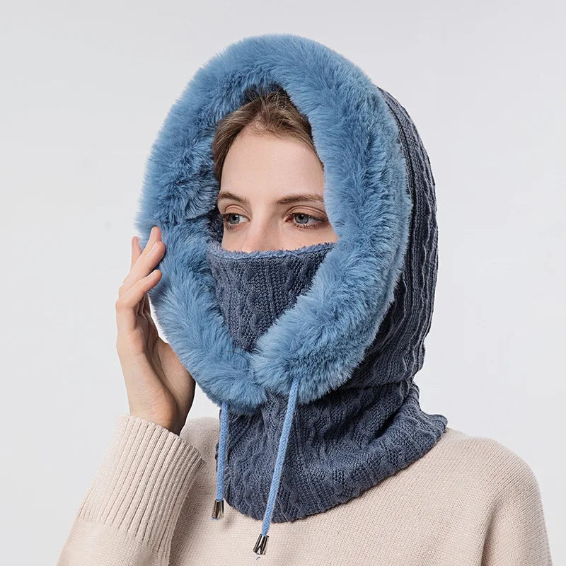 Winter Hat For Women Hooded Face Mask Fluff Keep Warm Thicken Style Neck Scarf Hooded Cap Beanie Knitted Cashmere Neck Warmer