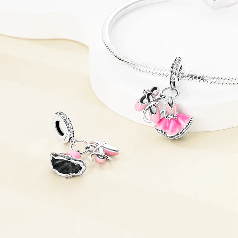 925 Sterling Silver Pink Ballet Girl Bow Pendant Charm Bead for Women – Elegant DIY Jewelry Making Charm for Bracelets & Necklaces