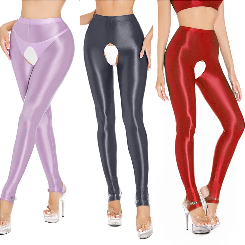 Womens Oil Glossy Open Crotch Leggings Sexy Crotchless Pants Elastic Waistband Stretchy Thigh Skinny Trouser for Yoga Nightwear