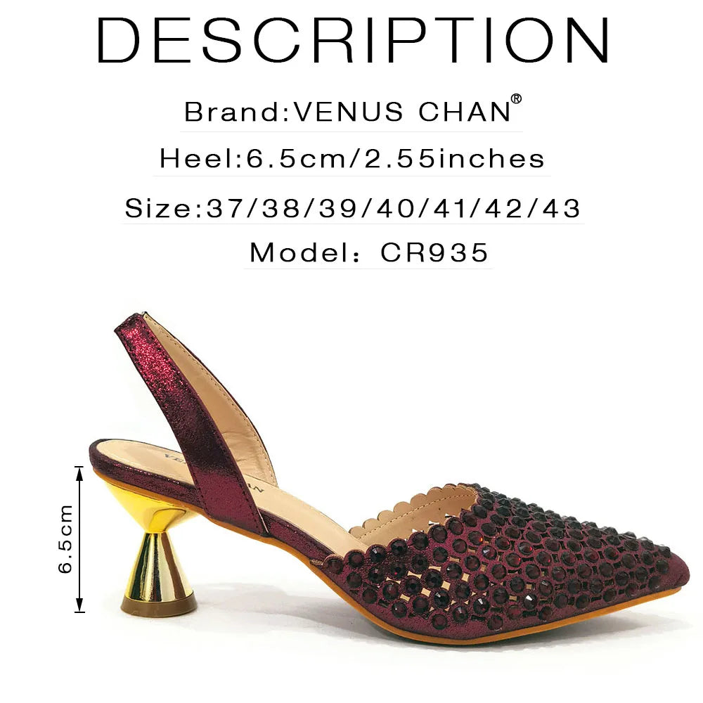 Venus Chan 2026 Elegant Women's Pointed Toe Heels - Wine Color Full Diamond Pumps with Matching Italian Shoes & Bags Set