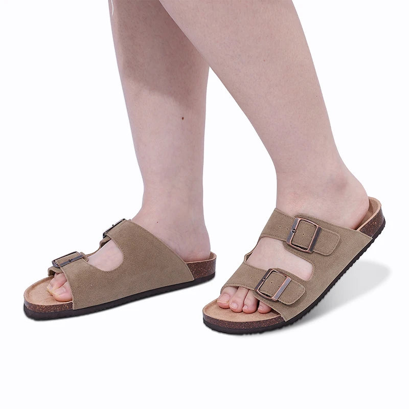 Comwarm Classic Cork Slippers For Women New Fashion Suede Flats Sandals Summer Couple Beach Slides Shoes With Adjustable Buckle
