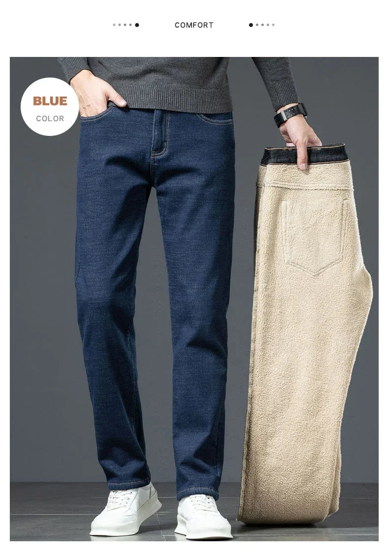 Plus Size 44 46 Casual Sherpa Warm Jeans Men Winter Velvet Thick Trousers Loose Straight Business Classic Fleece Denim Pants