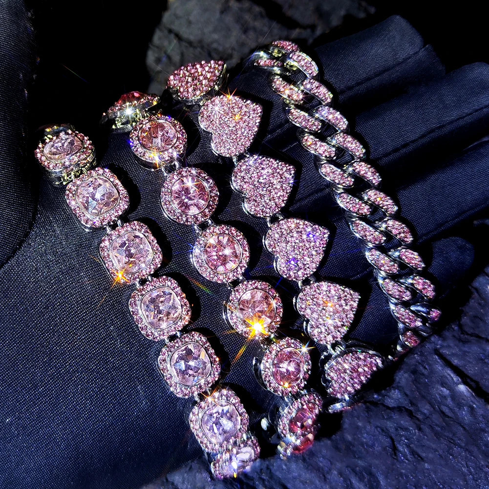 Iced Out Pink Cuban Bracelet Set for Women – 4Pcs Hip Hop Crystal Heart, Circle & Square Gold/Silver Tone Bracelets, Fashion Jewelry Gift