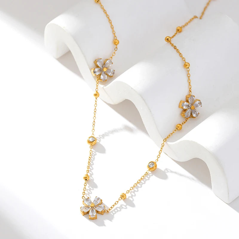 EILIECK 316L Stainless Steel White Zirconia Flower Petal Necklace Bracelet & Earrings Set for Women – Trendy Jewelry Party Gift