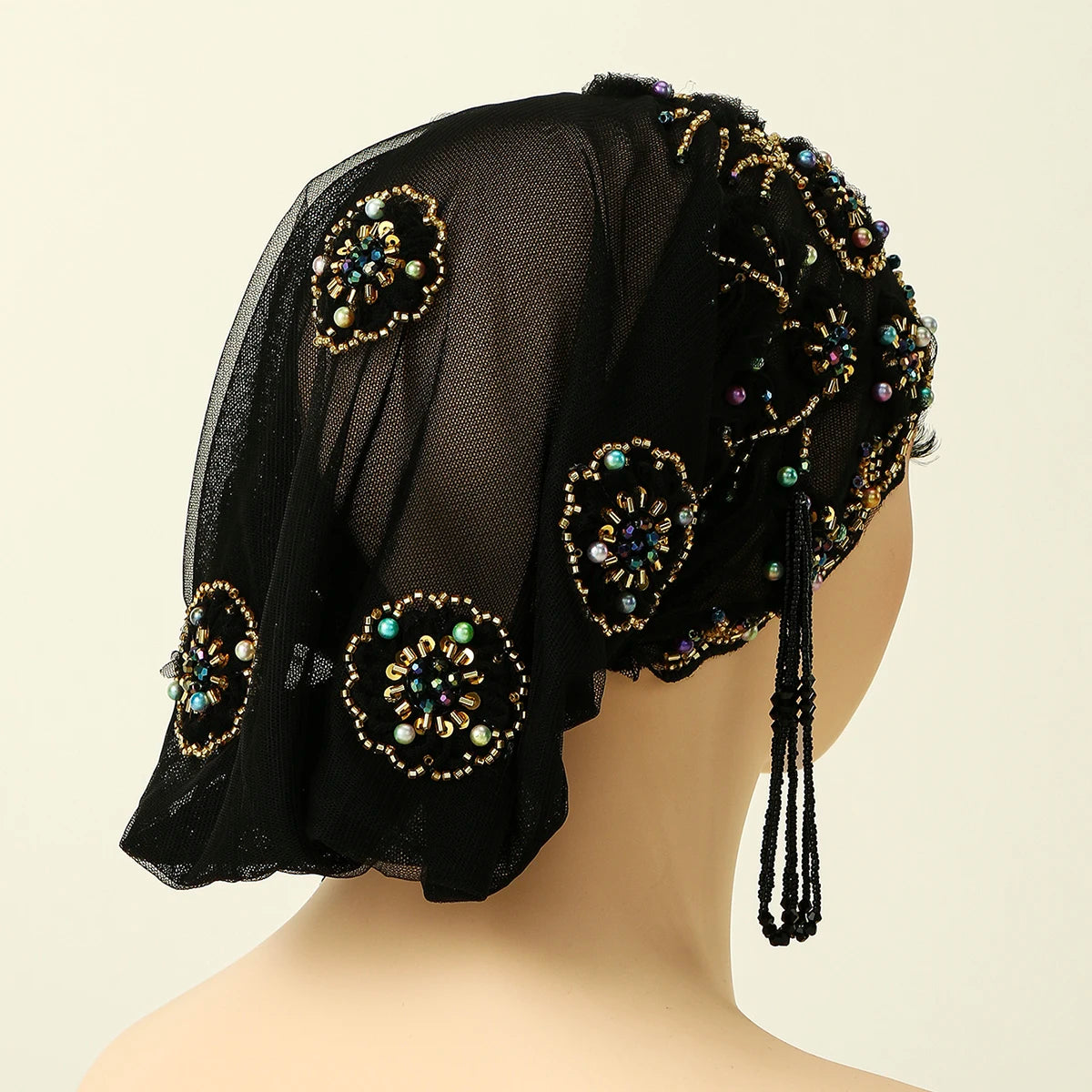 Women’s Luxury Pearl Embroidered Mesh Hijab Cap