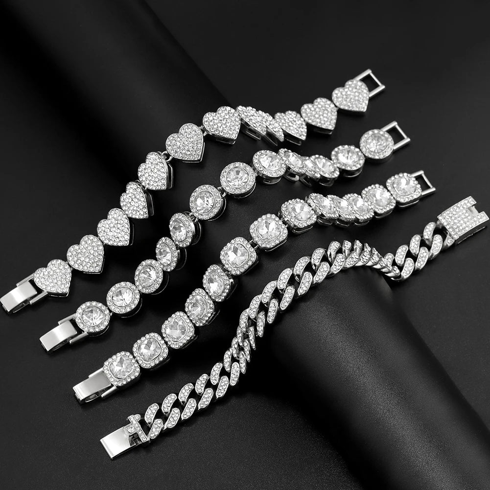 Iced Out Pink Cuban Bracelet Set for Women – 4Pcs Hip Hop Crystal Heart, Circle & Square Gold/Silver Tone Bracelets, Fashion Jewelry Gift