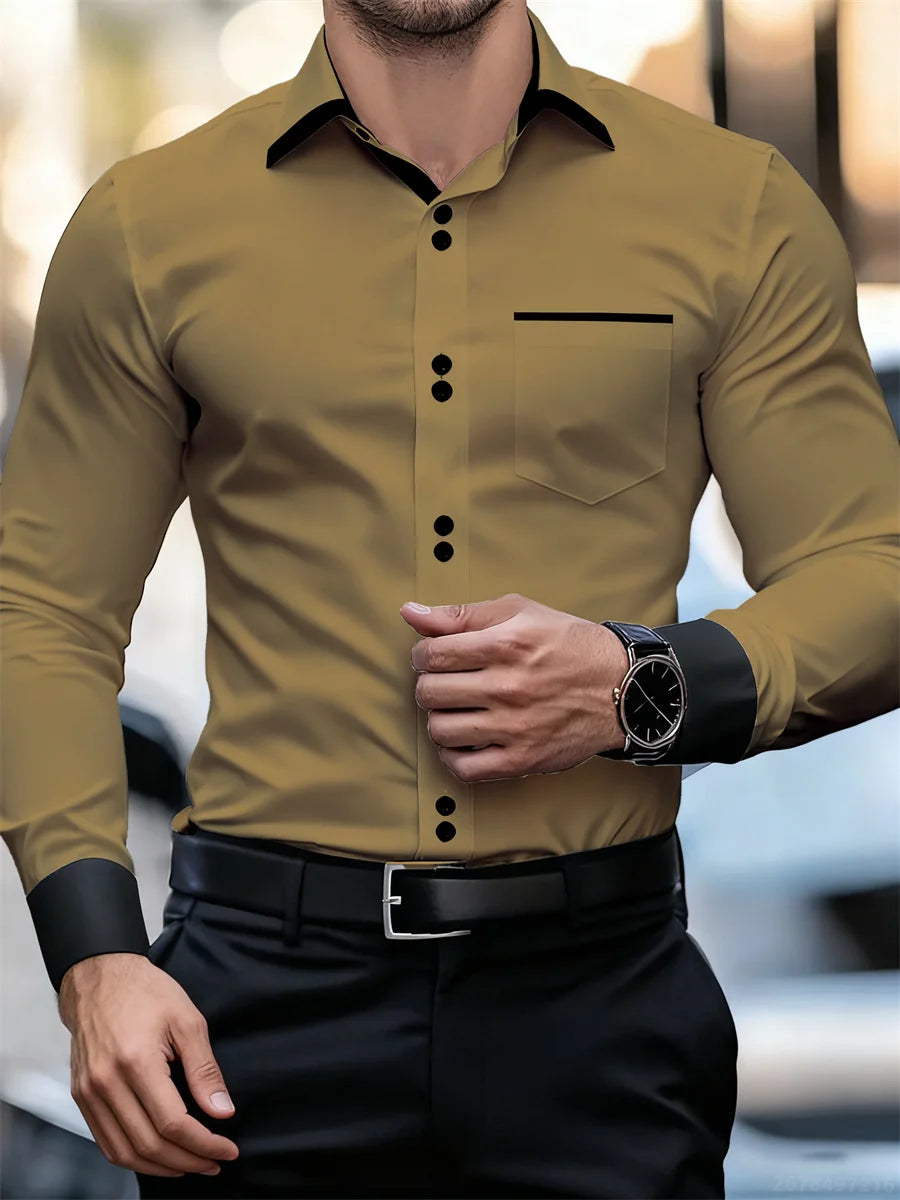 Men's Business Color Block Collar Long Sleeve Shirt, Slim Fit, Wrinkle-Free, Black and White Patchwork Shirt, Men's Fashion Top