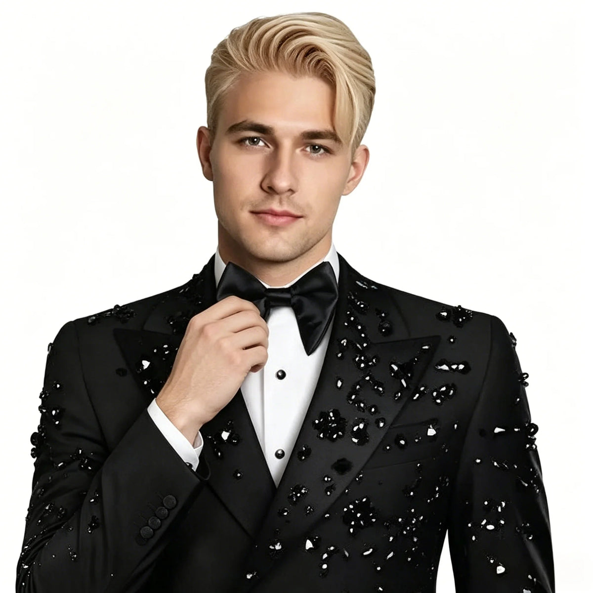 Luxury Black 2 Pieces Set Men's Suits Crystals Peaked Lapel Groom Wedding Formal Male Party Prom Tuxedos Best Man Blazers